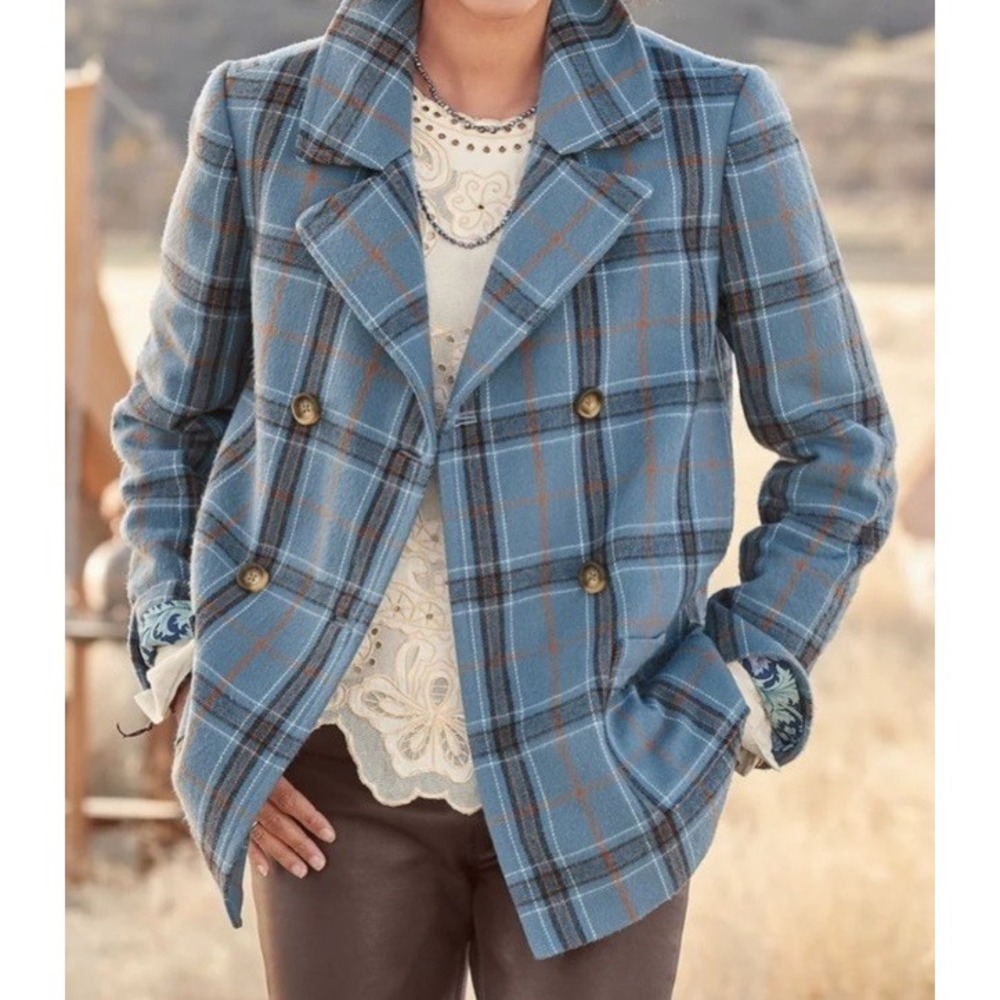 Rift Valley Blue Flannel Plaid Double Breasted Coat